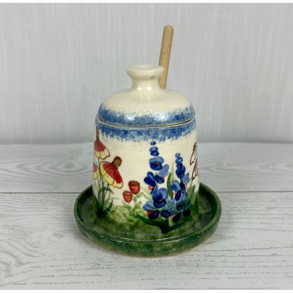 Handcrafted Ceramic Honey Pot Botanical‎ Design Lid & Dipper Artist signed MDE